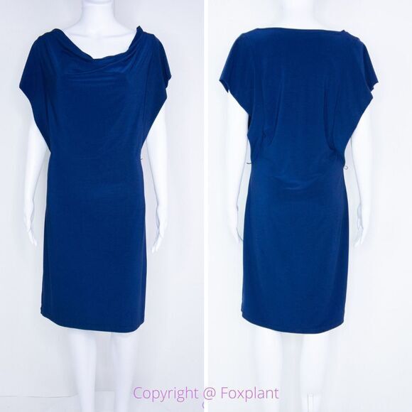 Komarov USA-made navy blue drop‎ cowl neck dolman sleeve dress, L - Picture 2 of 16